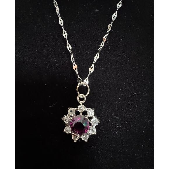 Silver Pendant Necklace with Purple Gem & Clear Crystals on New Chain N129 - Picture 2 of 4